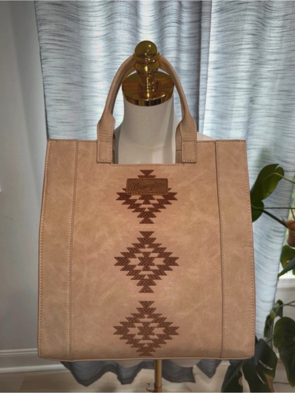 Wrangler Tan Suede-Effect Tote with Brown Aztec Motif